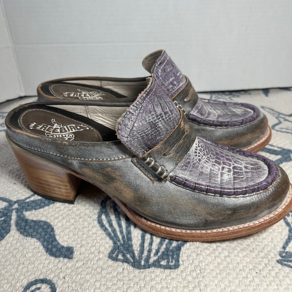Freebird Steven Collins Leather Mules Purple Croc Distressed Block Heel 9 boho